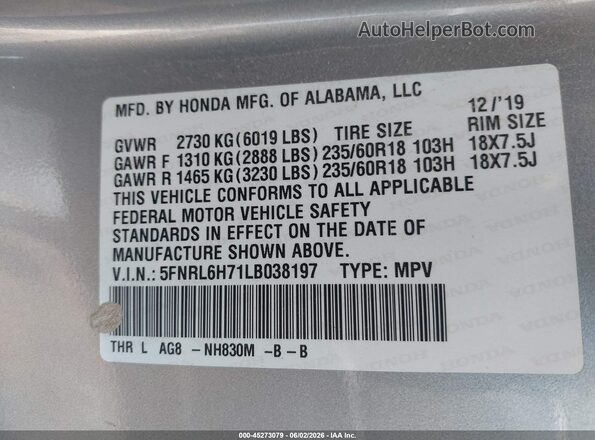 5FNRL6H71LB038197 2020 HONDA ODYSSEY Gray Вид підкапотного простору