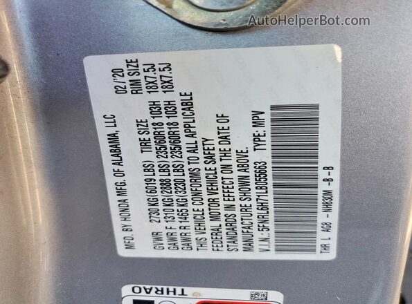 5FNRL6H71LB055663 2020 HONDA ODYSSEY Gray VIN sticker view