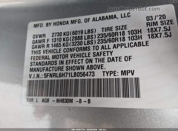 5FNRL6H71LB056473 2020 HONDA ODYSSEY Gray Вид підкапотного простору