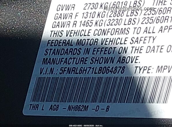 5FNRL6H71LB064878 2020 HONDA ODYSSEY Gray 