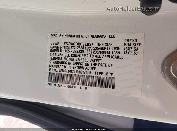5FNRL6H71MB017058 2021 HONDA ODYSSEY White Widok komory silnika
