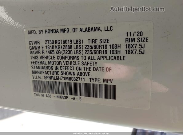 5FNRL6H71MB032711 2021 HONDA ODYSSEY White Vista del compartimento del motor