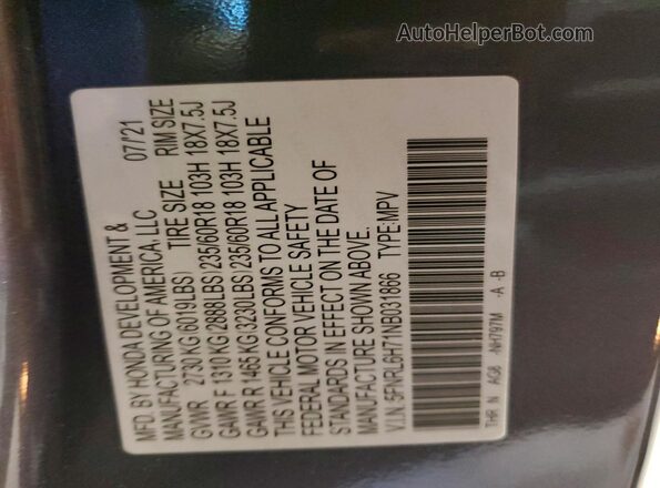 5FNRL6H71NB031866 2022 HONDA ODYSSEY Gray Вид наклейки з VIN-кодом