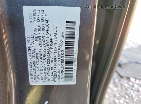 5FNRL6H71NB053205 2022 HONDA ODYSSEY Gray 