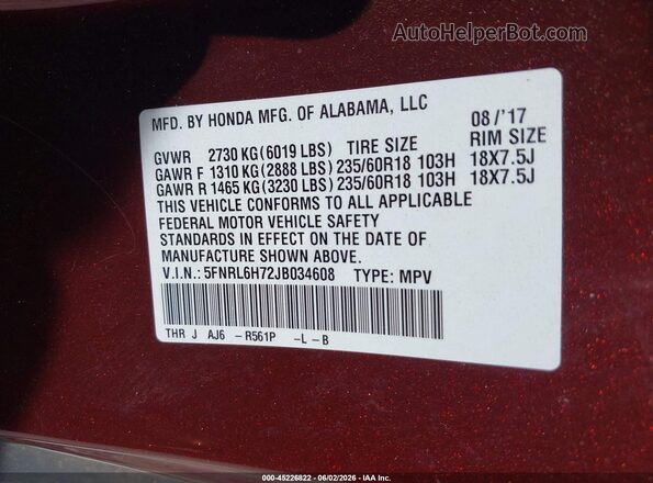 5FNRL6H72JB034608 2018 HONDA ODYSSEY Burgundy Շարժիչի բաժամունքի տեսք