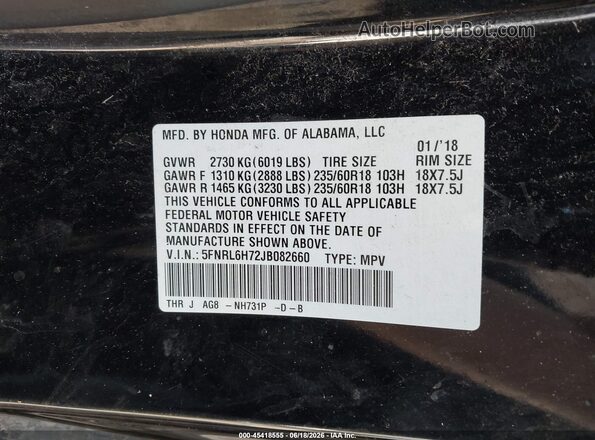 5FNRL6H72JB082660 2018 HONDA ODYSSEY Черный Вид подкапотного пространства