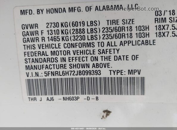 5FNRL6H72JB099393 2018 HONDA ODYSSEY White Widok komory silnika