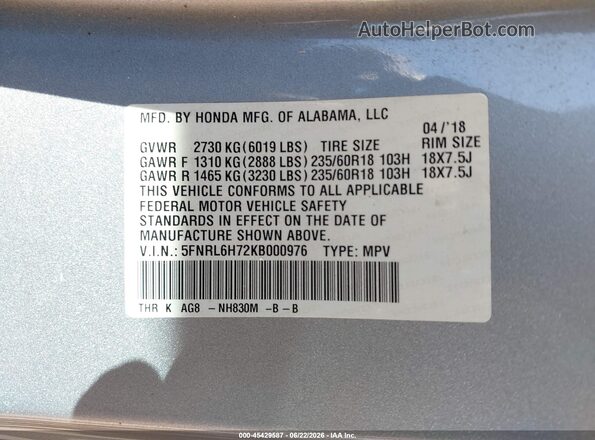 5FNRL6H72KB000976 2019 HONDA ODYSSEY Silver Engine compartment view