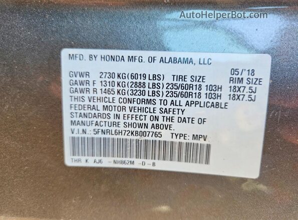 5FNRL6H72KB007765 2019 HONDA ODYSSEY Gray VIN sticker view
