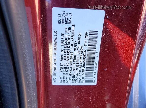 5FNRL6H72KB009287 2019 HONDA ODYSSEY Maroon ძრავის განყოფილების ხედი