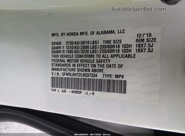 5FNRL6H72LB037334 2020 HONDA ODYSSEY White Вид підкапотного простору