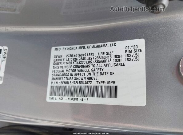 5FNRL6H72LB044672 2020 HONDA ODYSSEY Silver Вид підкапотного простору