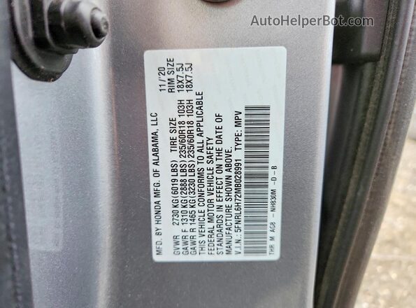 5FNRL6H72MB028991 2021 HONDA ODYSSEY Silver Vista de la etiqueta del VIN