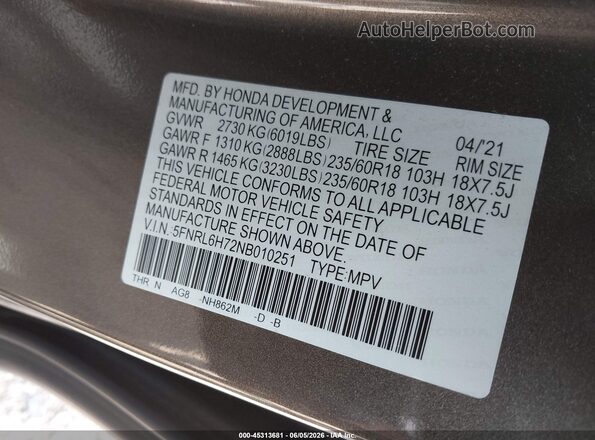 5FNRL6H72NB010251 2022 HONDA ODYSSEY Gray Engine compartment view