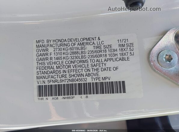 5FNRL6H72NB045632 2022 HONDA ODYSSEY White Engine compartment view