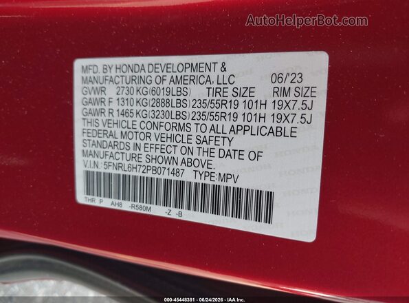 5FNRL6H72PB071487 2023 HONDA ODYSSEY Красный Вид подкапотного пространства