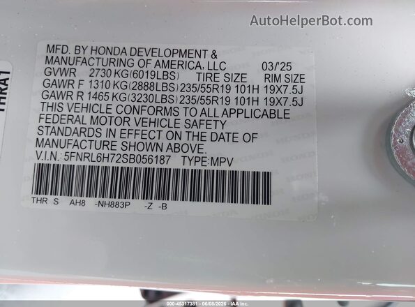 5FNRL6H72SB056187 2025 HONDA ODYSSEY White Widok komory silnika