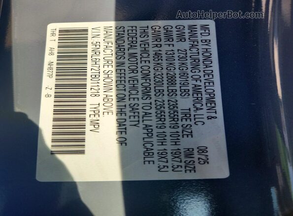 5FNRL6H72TB011218 2026 HONDA ODYSSEY Gray Widok naklejki z numerem VIN