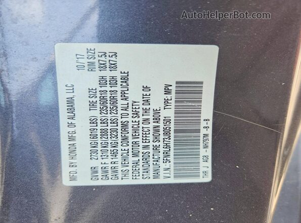 5FNRL6H73JB051501 2018 HONDA ODYSSEY Gray VIN კოდის სტიკერის ხედი