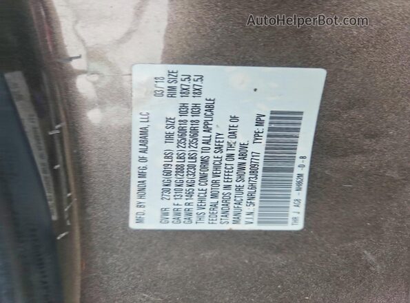 5FNRL6H73JB097717 2018 HONDA ODYSSEY Gray Widok naklejki z numerem VIN