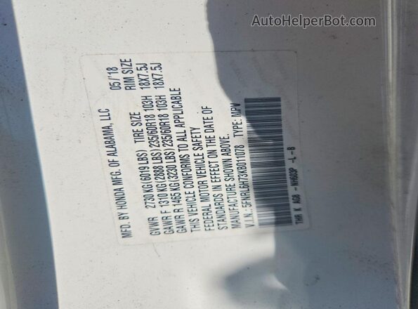5FNRL6H73KB011078 2019 HONDA ODYSSEY Белый 