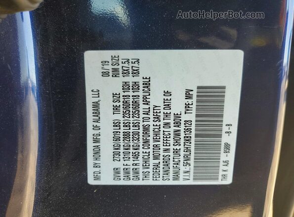 5FNRL6H73KB136128 2019 HONDA ODYSSEY Blue Սալոնի 360 աստիճան տեսք