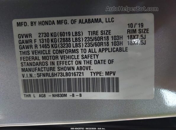 5FNRL6H73LB016721 2020 HONDA ODYSSEY Gray Widok komory silnika