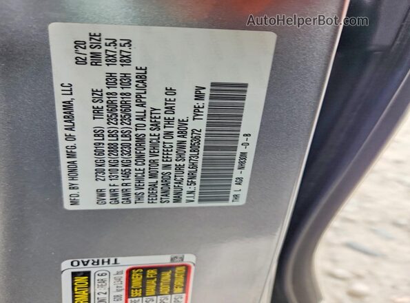 5FNRL6H73LB053672 2020 HONDA ODYSSEY Silver Вид наклейки з VIN-кодом