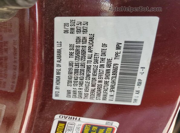 5FNRL6H73LB066079 2020 HONDA ODYSSEY Maroon Vista de la etiqueta del VIN