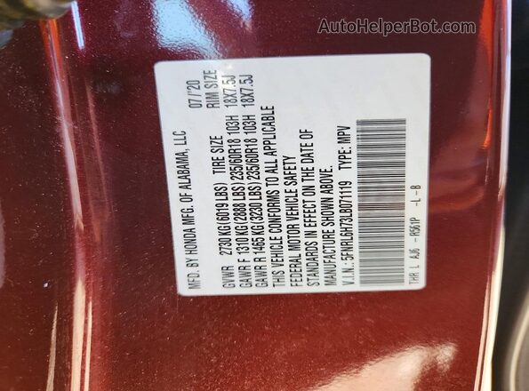 5FNRL6H73LB071119 2020 HONDA ODYSSEY Burgundy VIN კოდის სტიკერის ხედი