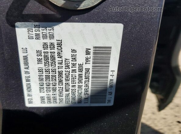 5FNRL6H73LB072948 2020 HONDA ODYSSEY Silver VIN კოდის სტიკერის ხედი