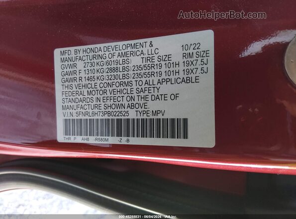 5FNRL6H73PB022525 2023 HONDA ODYSSEY Red Widok komory silnika