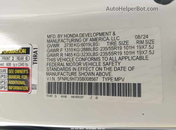 5FNRL6H73SB008567 2025 HONDA ODYSSEY Белый Вид подкапотного пространства