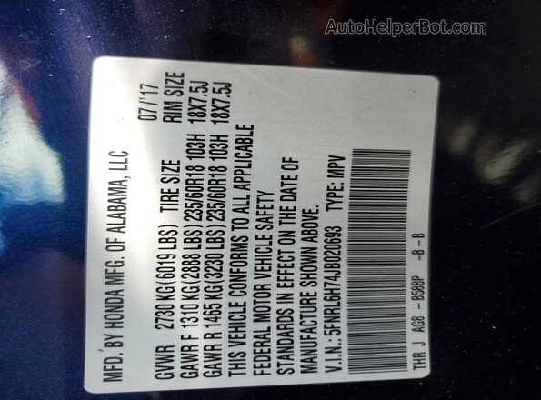 5FNRL6H74JB020693 2018 HONDA ODYSSEY Blue 