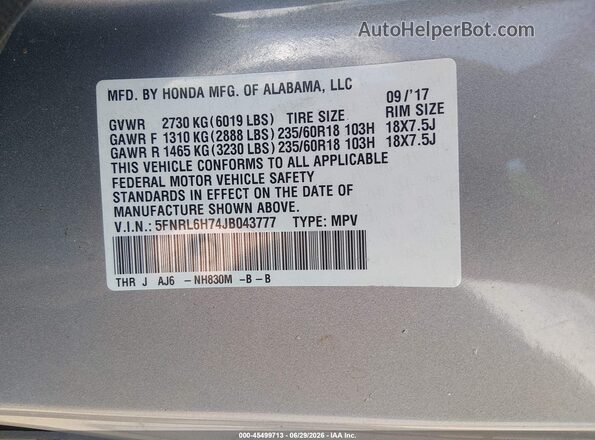 5FNRL6H74JB043777 2018 HONDA ODYSSEY Silver Շարժիչի բաժամունքի տեսք