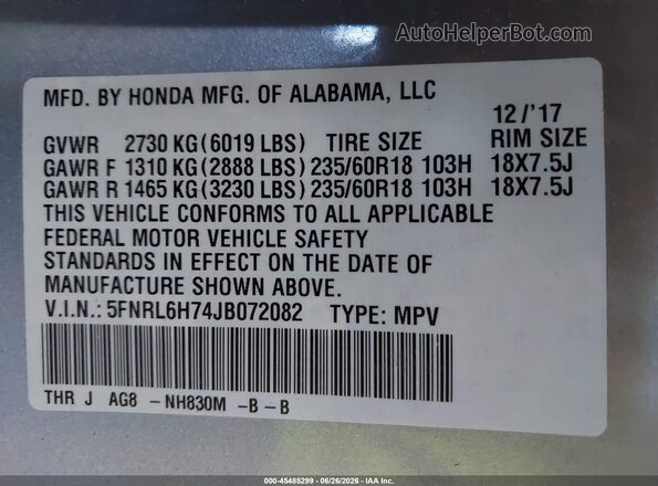 5FNRL6H74JB072082 2018 HONDA ODYSSEY Silver Շարժիչի բաժամունքի տեսք