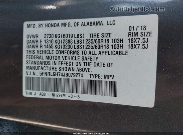 5FNRL6H74JB079274 2018 HONDA ODYSSEY Серый Вид подкапотного пространства