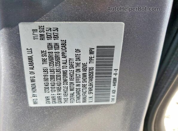 5FNRL6H74KB058765 2019 HONDA ODYSSEY Silver Vista de la etiqueta del VIN