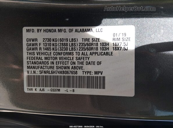 5FNRL6H74KB067658 2019 HONDA ODYSSEY Gray 