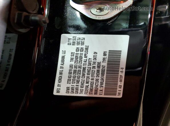 5FNRL6H74KB083147 2019 HONDA ODYSSEY Black VIN sticker view