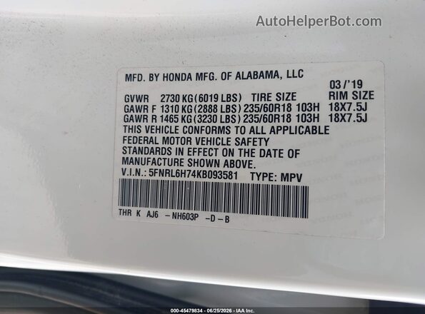 5FNRL6H74KB093581 2019 HONDA ODYSSEY White Շարժիչի բաժամունքի տեսք