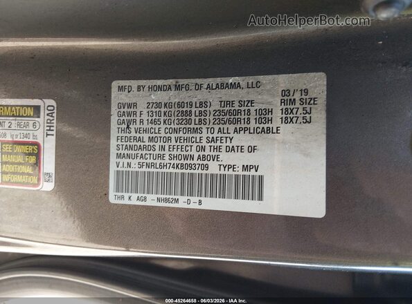 5FNRL6H74KB093709 2019 HONDA ODYSSEY Gray ძრავის განყოფილების ხედი
