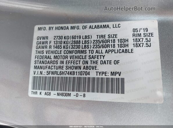 5FNRL6H74KB110704 2019 HONDA ODYSSEY Silver 