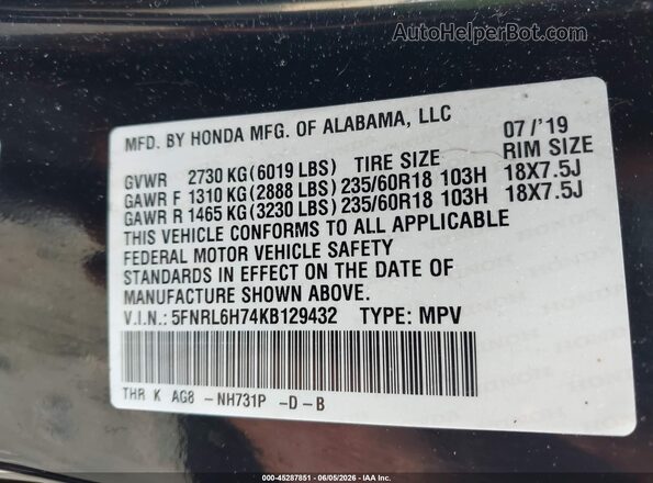 5FNRL6H74KB129432 2019 HONDA ODYSSEY Черный Вид подкапотного пространства