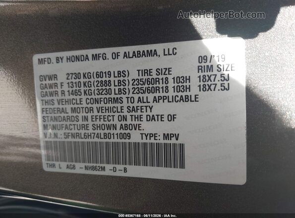 5FNRL6H74LB011009 2020 HONDA ODYSSEY Gray 