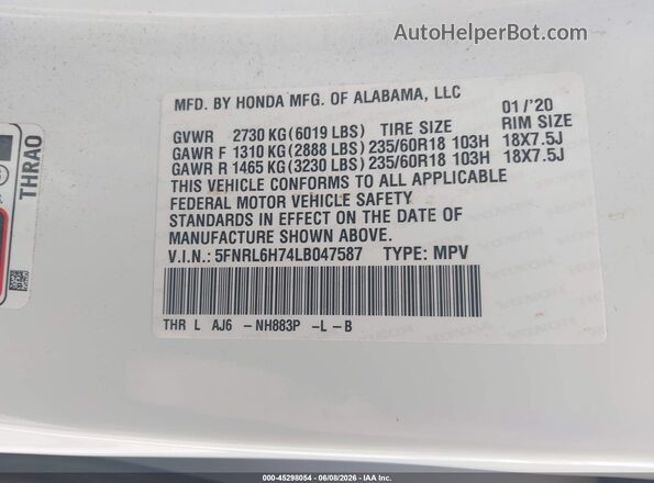 5FNRL6H74LB047587 2020 HONDA ODYSSEY White ძრავის განყოფილების ხედი