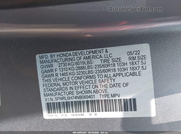 5FNRL6H74NB069401 2022 HONDA ODYSSEY Silver Widok komory silnika