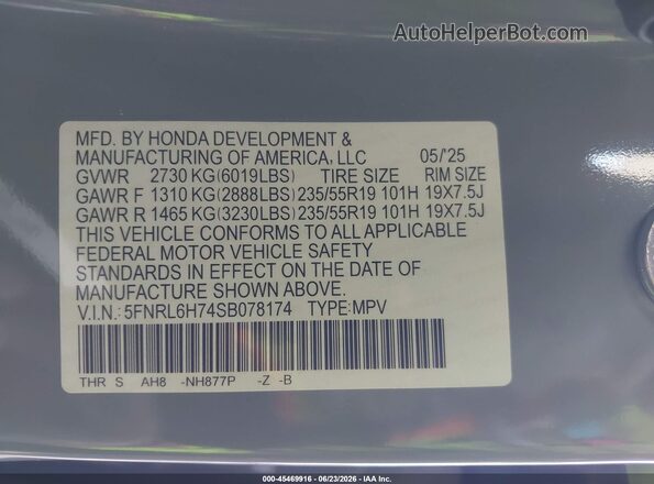 5FNRL6H74SB078174 2025 HONDA ODYSSEY Gray Widok komory silnika