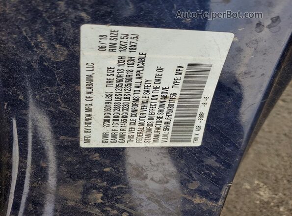 5FNRL6H75KB017156 2019 HONDA ODYSSEY Blue VIN კოდის სტიკერის ხედი