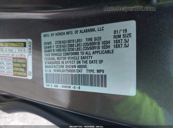 5FNRL6H75KB067247 2019 HONDA ODYSSEY Gray ძრავის განყოფილების ხედი